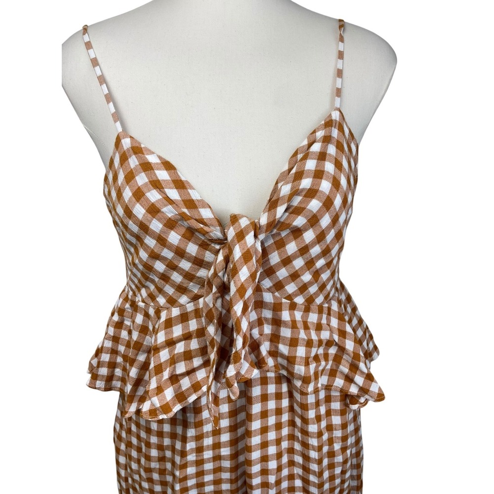 Anthropologie Brown & White Gingham Tie-Front Wide-Leg Jumpsuit - Picture 5 of 11